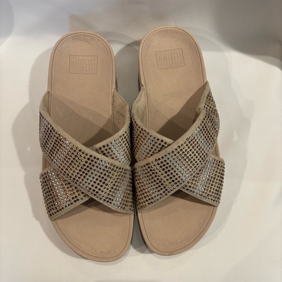 FITFLOP Sz 7 Strobe Crisscross Slide Confort Sandals with Rhinestone Encrusted - Picture 3 of 9